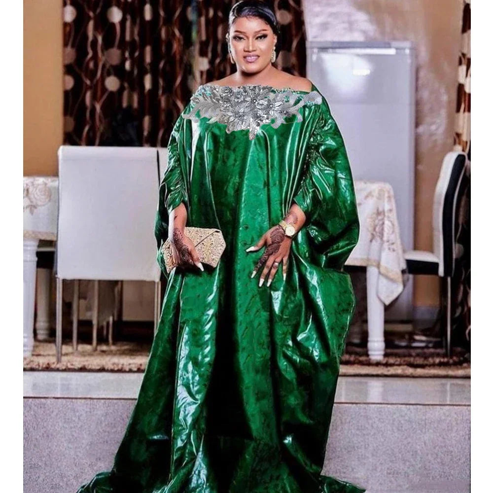 Green African Women's Traditional Bazin Riche Robe For Wedding and Party