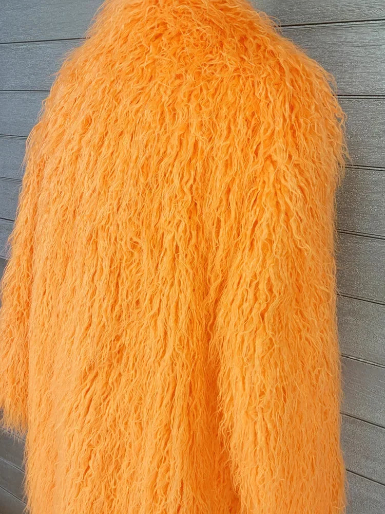 Faux Fur Jacket Women Long Coat Thick Fluffy Winter Warm Shaggy Overcoat Open Stitch Outerwear Turn Down Collar High Street