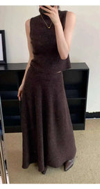 Elegant Knitted 3 Piece Set Women Long Cardigan Coat Sleeveless Vest High Waist A-line Long Skirt