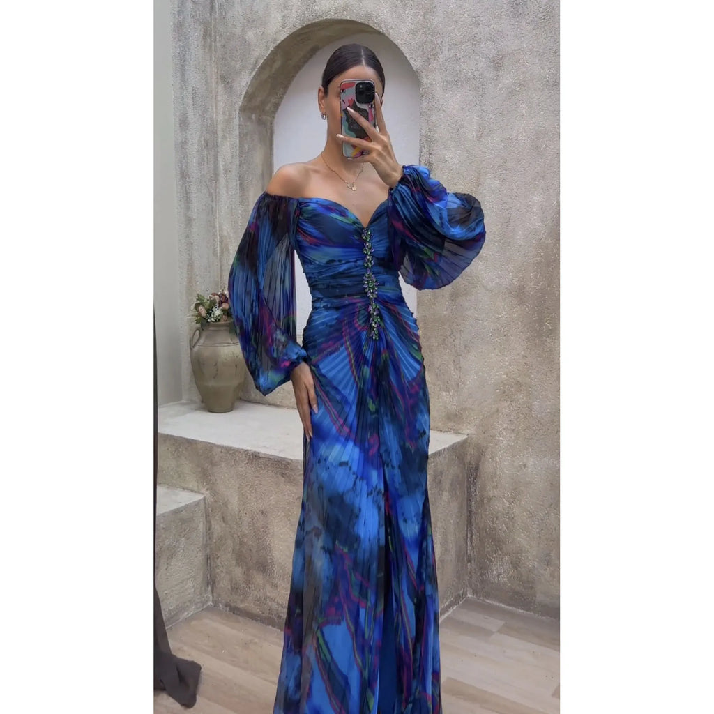 Women Floral Lantern Long Sleeve Dress Elegant Rhinestone Off Shoulder Maxi