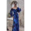 Women Floral Lantern Long Sleeve Dress Elegant Rhinestone Off Shoulder Maxi