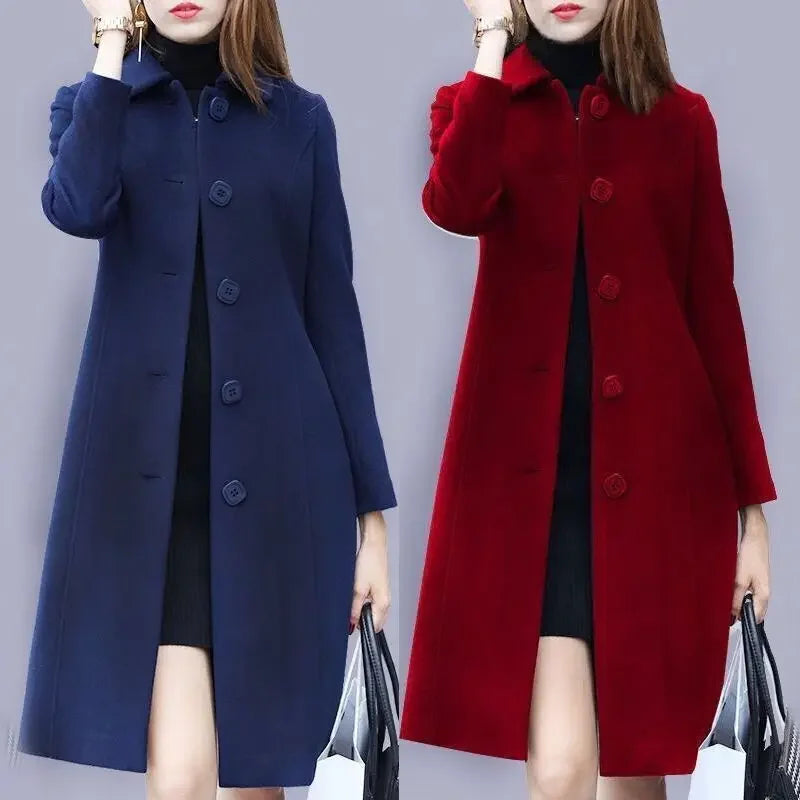 Women's Medium-Length Slimming Woolen Overcoat Autumn Winter plus Sizes Smooth Silhouette Single Breasted Button Closure