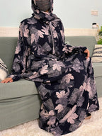 Women's Traditional Floral Ramadan Muslim Cotton Abayas Garment with attached Headscarf