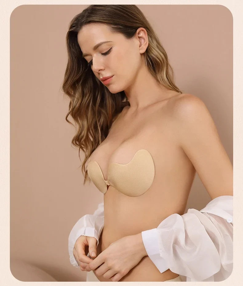 Invisible Push Up Bra for Women Backless Strapless Bra Seamless Front Closure Bralette Underwear Silicone Self-Adhesive Bra Pads