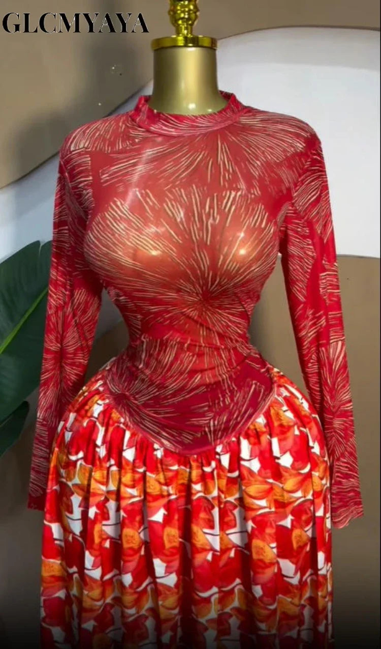Women leaf Print patchwork smock Midi A-line Long Maxi Elegant Evening Dresses