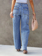 Women’s Wide Leg Cargo Jeans – Mid-Waist Straight Leg Denim