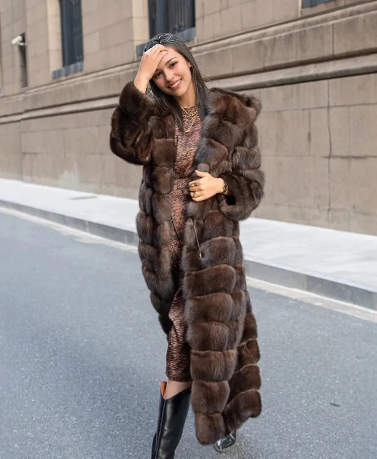 Vintage Brown Women's Winter Faux Fur Jacket Hooded Warm Thickened Fur Trim Outwear Chic Lady Eco-Friendly Coat