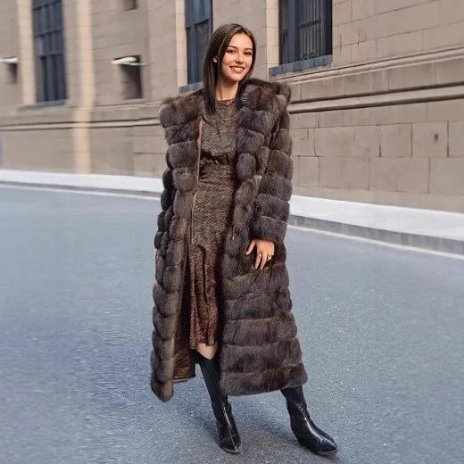 Vintage Brown Women's Winter Faux Fur Jacket Hooded Warm Thickened Fur Trim Outwear Chic Lady Eco-Friendly Coat