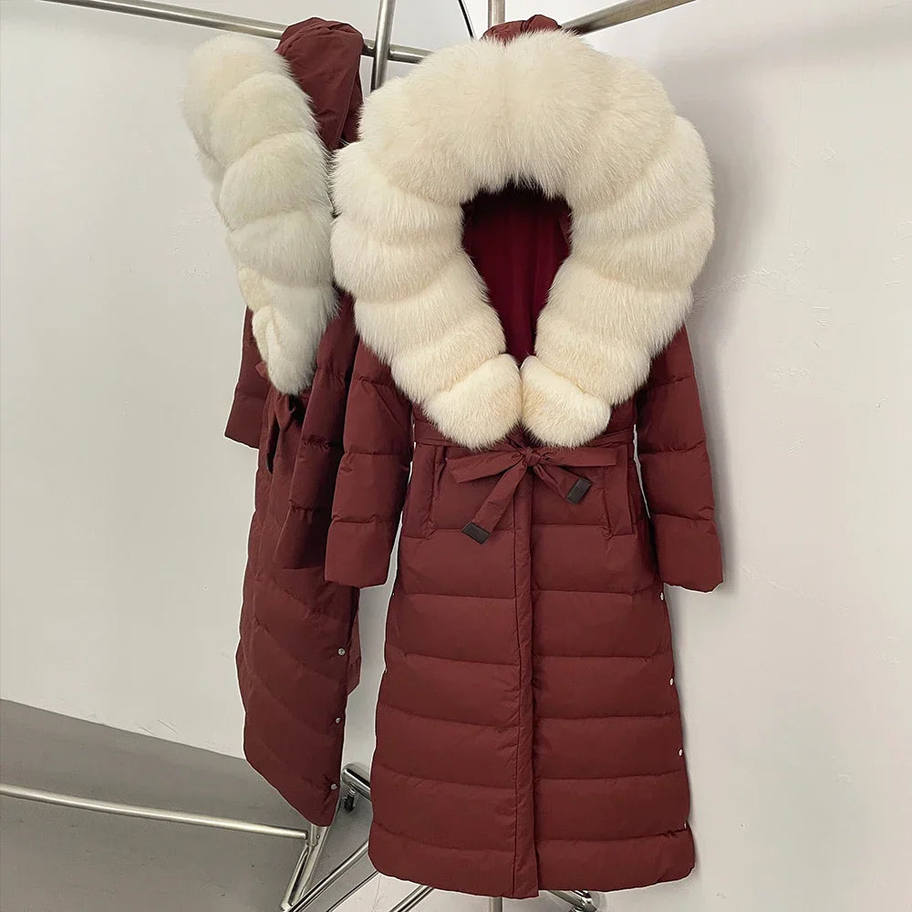 Real Faux Fur Collar Puffer Jacket Duck Down Thick Coat For Women