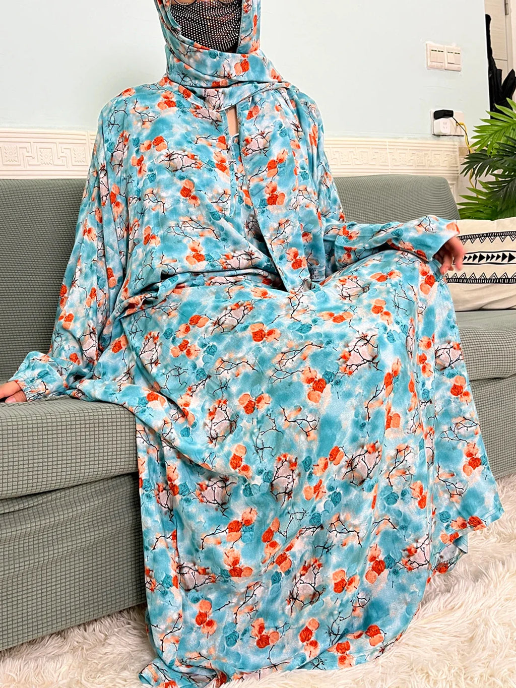 Women's Traditional Floral Ramadan Muslim Cotton Abayas Garment with attached Headscarf