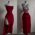 Red Lace-Up Back High Split Maxi Dress – Bodycon Summer Evening Dress