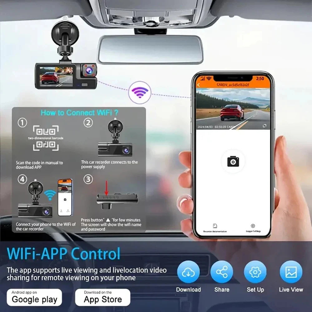 3 Lens Dash Cam 1080P Front, Rear & Interior Car Camera with WiFi & Night Vision