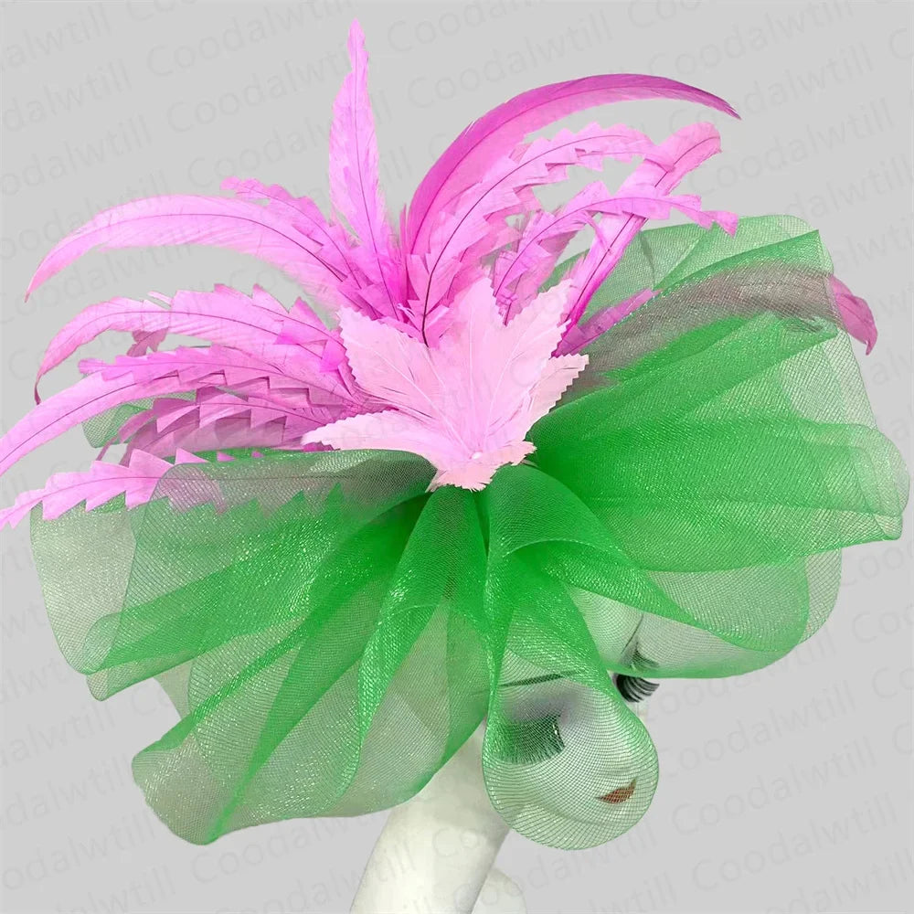 Kentucky Derby Big Fascinator Hat Women Wedding Elegant Feather Pillbox Cap