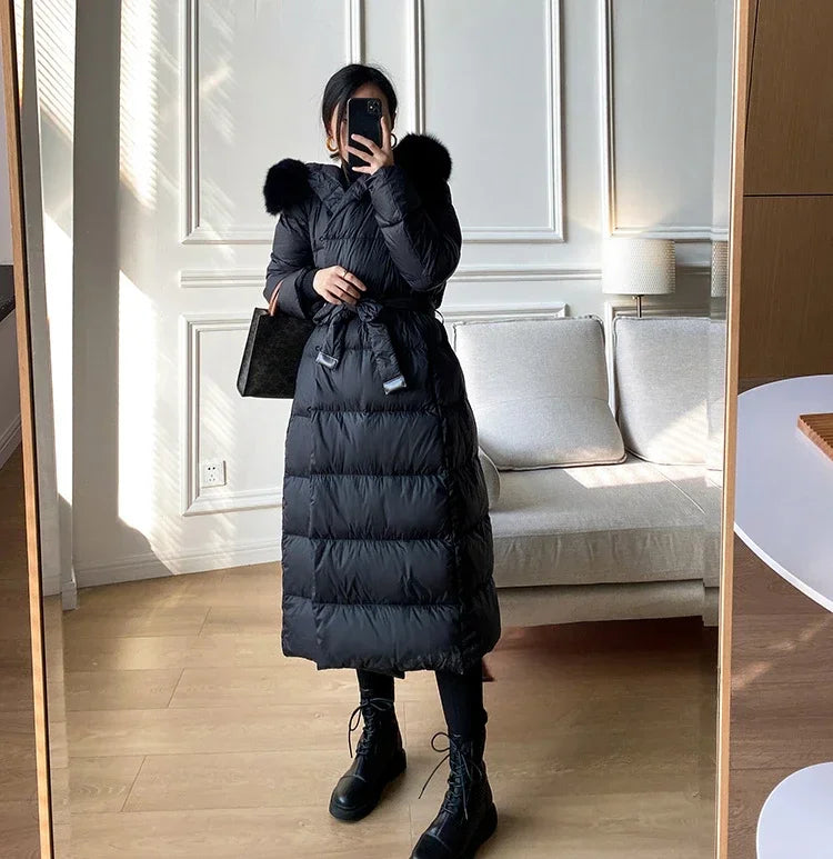 Winter Women's Ultra Light Warm Faux Fur Parka with Hooded Long Duck down Jacket White with Fur Collar Casual Snow Coat