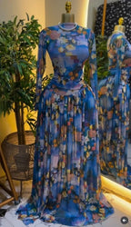 Women leaf Print patchwork smock Midi A-line Long Maxi Elegant Evening Dresses