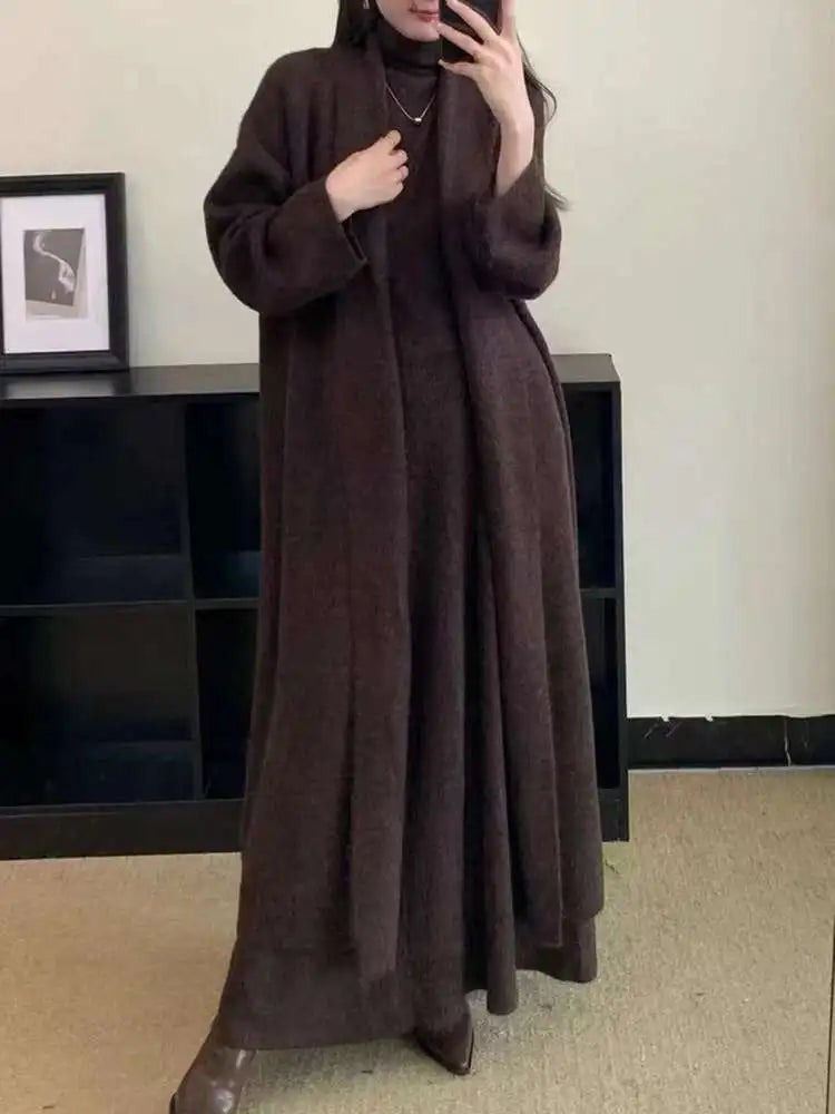 Elegant Knitted 3 Piece Set Women Long Cardigan Coat Sleeveless Vest High Waist A-line Long Skirt