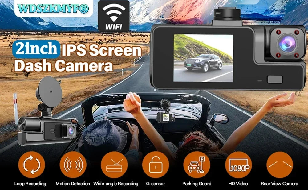 3 Lens Dash Cam 1080P Front, Rear & Interior Car Camera with WiFi & Night Vision
