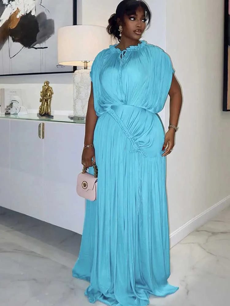 Long Summer Dress Woman High Waist Draped Chic Sky Blue Dress Straight One Piece Casual Elegant Maxi Dresses for Evening