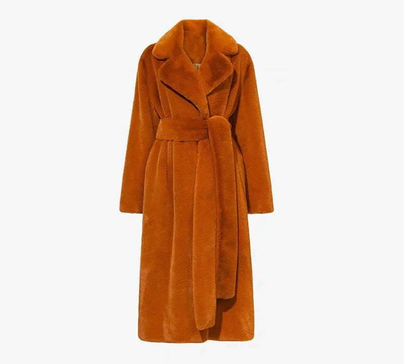 Luxury Lace Up Faux Fur Coat Women Chic Lapel Full Sleeve Fluffy Loose Warm Long Jacket Lady Winter Daily Highstreet Outerwears