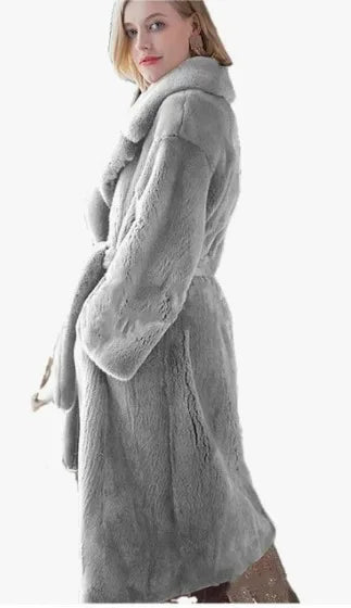 Luxury Lace Up Faux Fur Coat Women Chic Lapel Full Sleeve Fluffy Loose Warm Long Jacket Lady Winter Daily Highstreet Outerwears