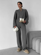 Women's Zip up Jacket And Wide Leg Pants Set Soft Knit Loose Long Sleeve Autumn Winter Casual Sweater Outfit