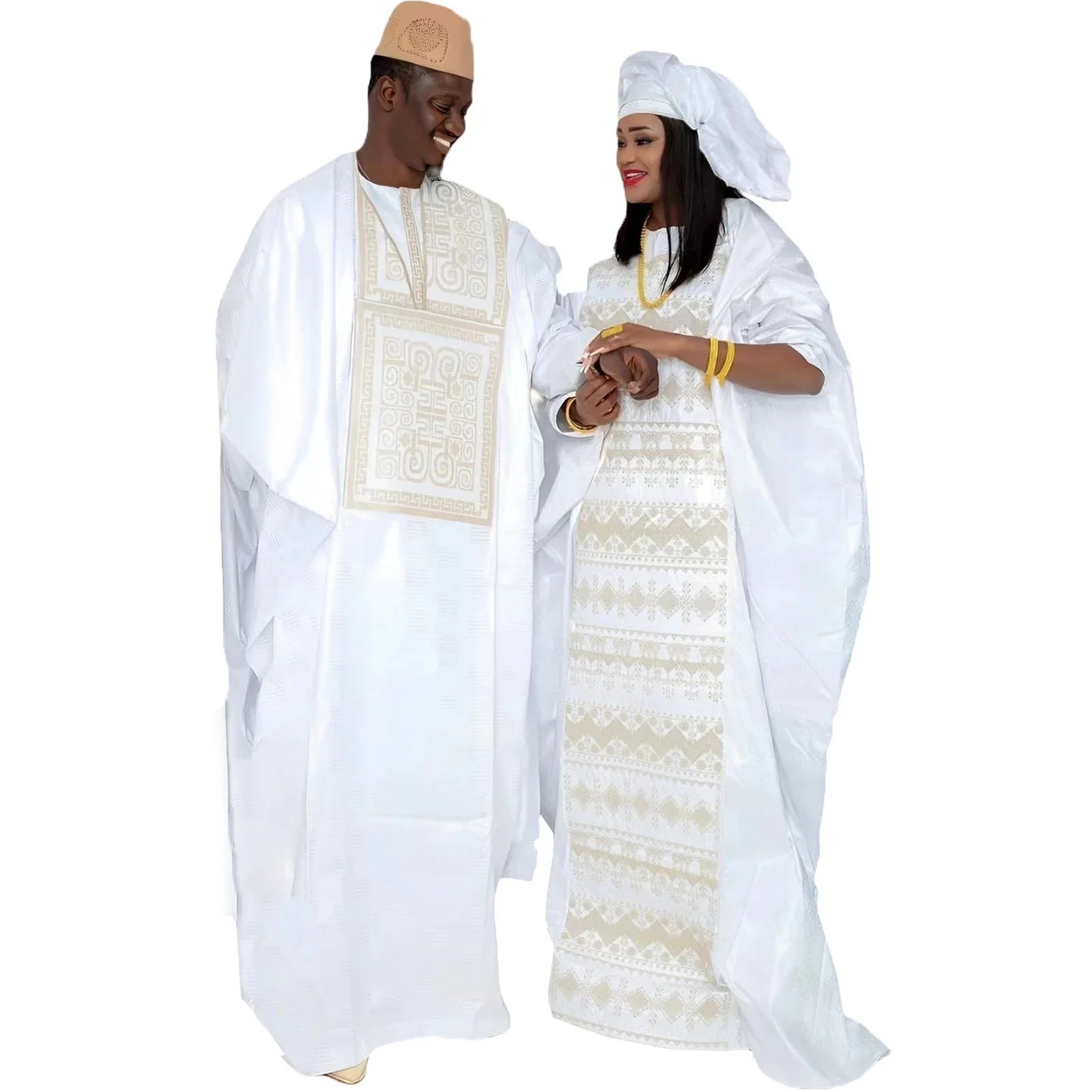 African Dresses For Couples Traditional  Bazin Embroidery Dresses Floor Length With Scarf