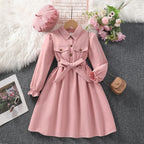 Girls Long Sleeve Solid Colored Dress with Belt Pockets Button up Lapel Collar