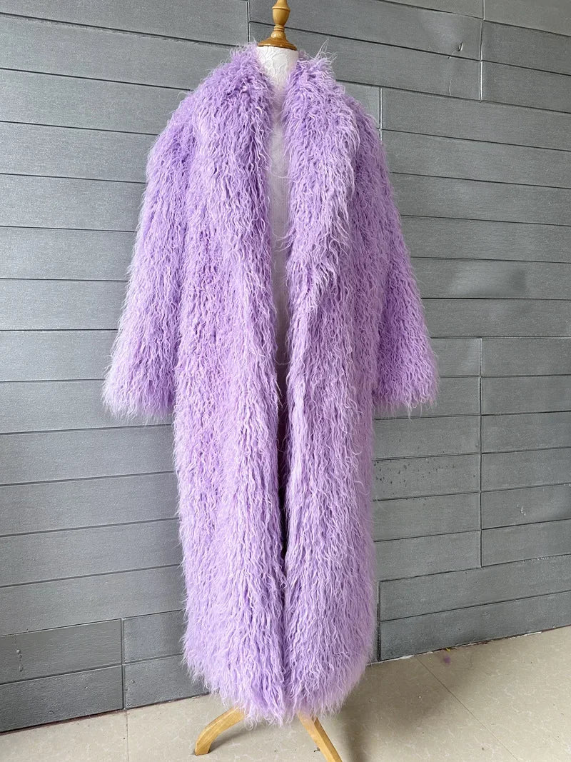 Faux Fur Jacket Women Long Coat Thick Fluffy Winter Warm Shaggy Overcoat Open Stitch Outerwear Turn Down Collar High Street