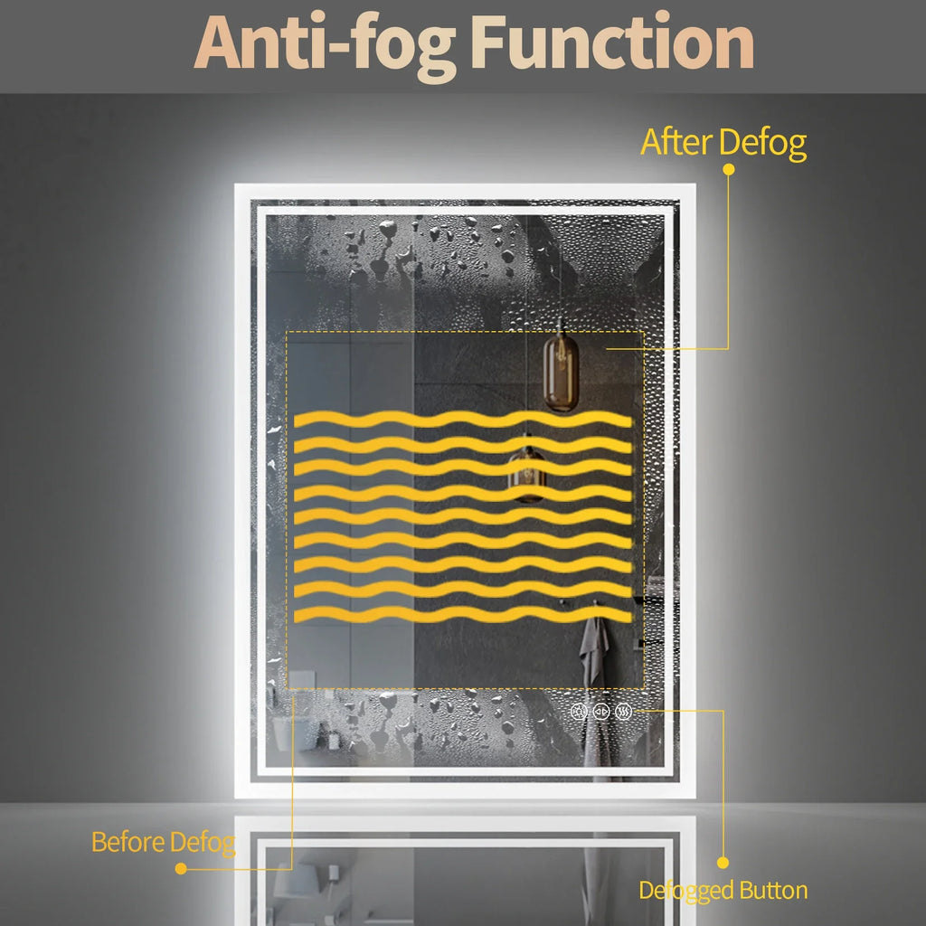 LED Light Bathroom Mirror Illuminated Wall Mounted Vanity Makeup Anti-Fog Rectangle 3 Colors Touch Light
