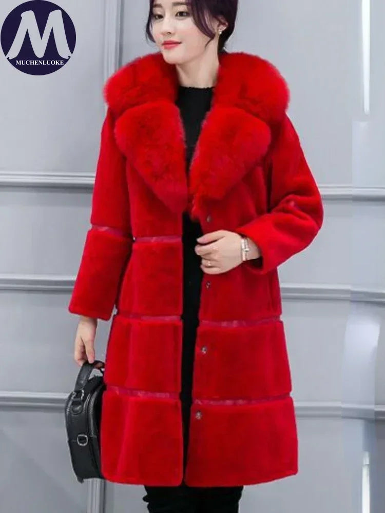 Women's Elegant Imitation Faux Fur Collar Warm Coat Fashion Plush V-Neck Button Detail