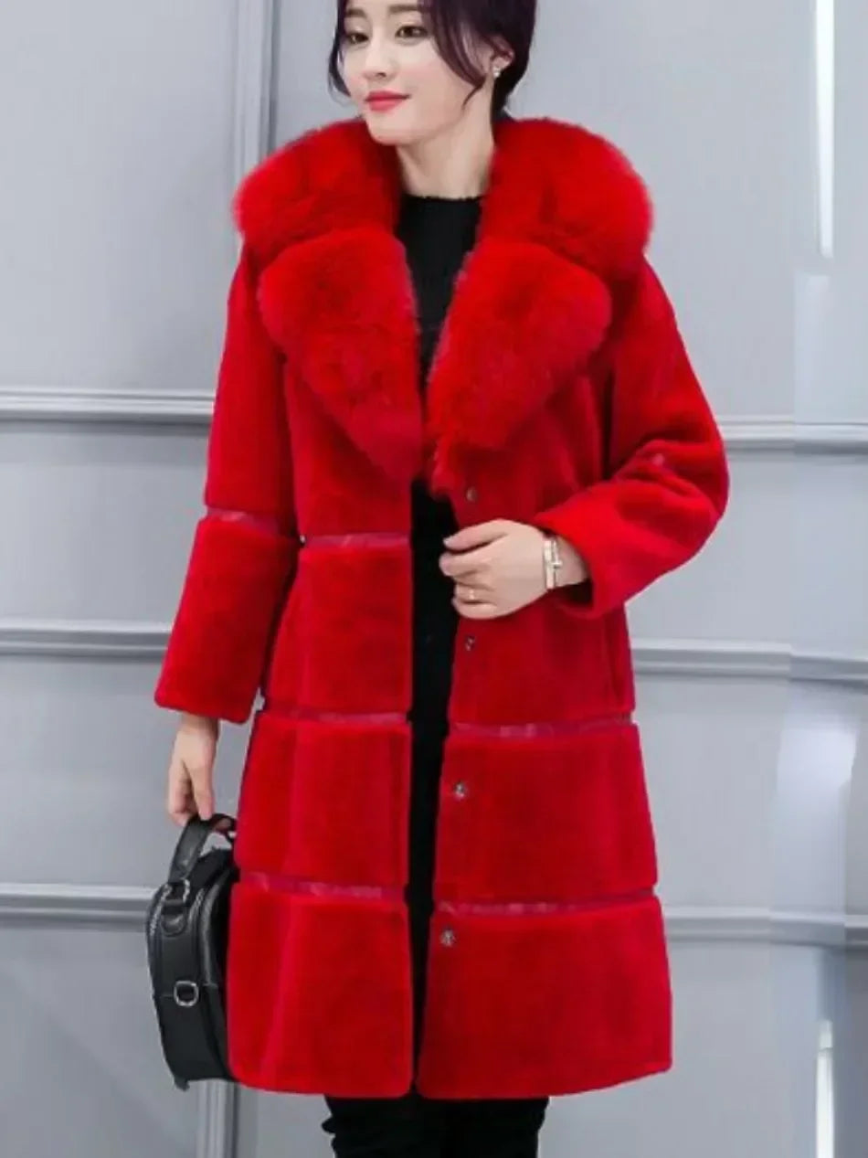 Women's Elegant Imitation Faux Fur Collar Warm Coat Fashion Plush V-Neck Button Detail