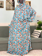 Women's Traditional Floral Ramadan Muslim Cotton Abayas Garment with attached Headscarf