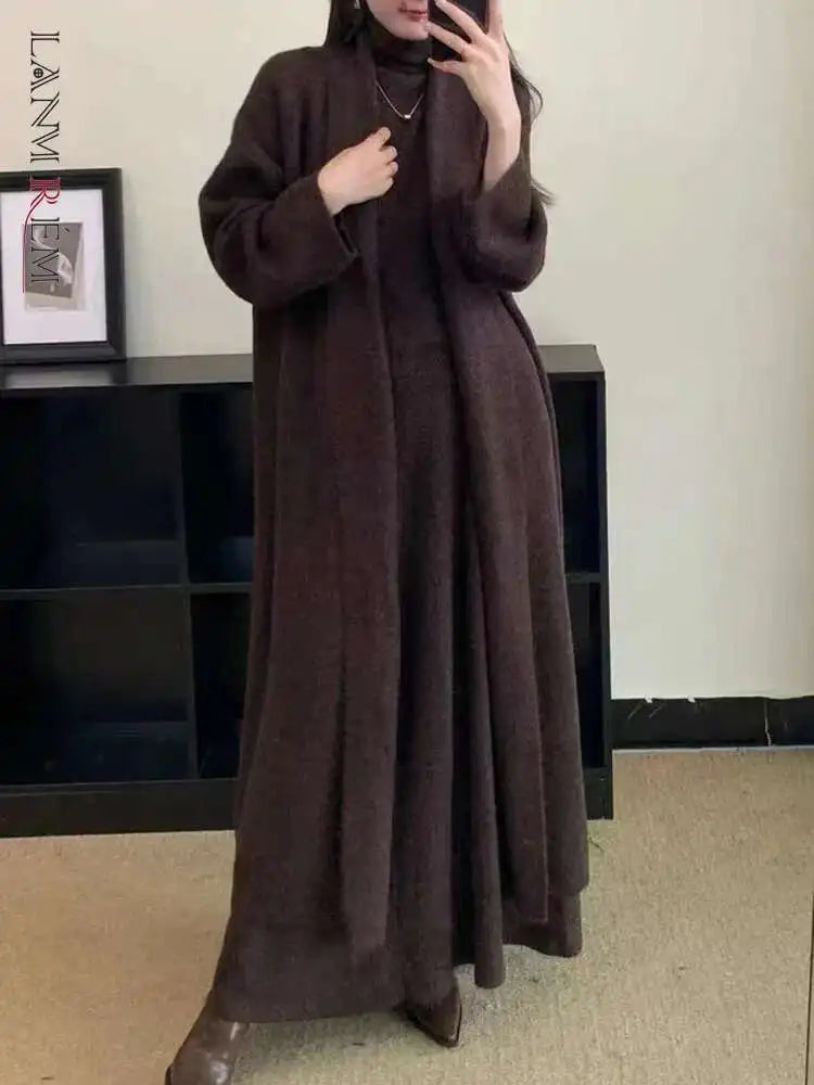 Elegant Knitted 3 Piece Set Women Long Cardigan Coat Sleeveless Vest High Waist A-line Long Skirt