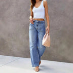 Women’s Wide Leg Cargo Jeans – Mid-Waist Straight Leg Denim