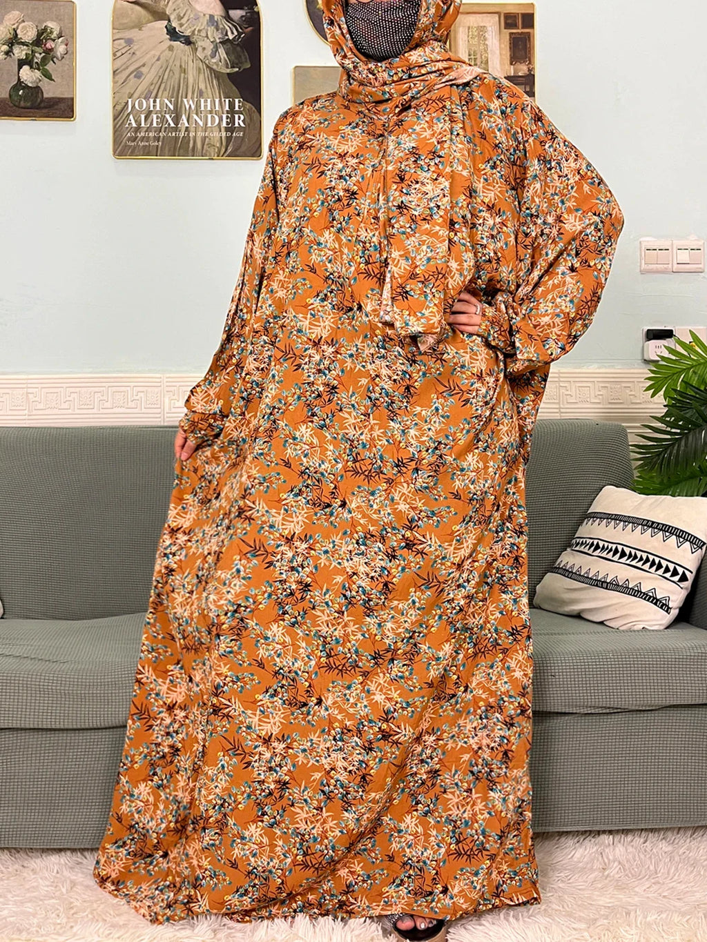 Women's Traditional Floral Ramadan Muslim Cotton Abayas Garment with attached Headscarf