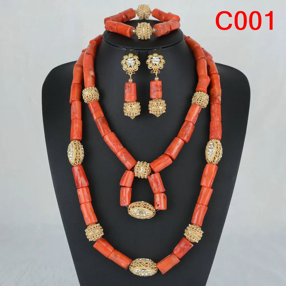 Latest Coral Jewelry Sets Nigerian Dubai Orange Necklace Sets of Beads African