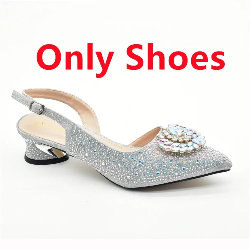 Elegant Italian Women's Rhinstone Pumps Heels Shoes and Bag Set To Match for