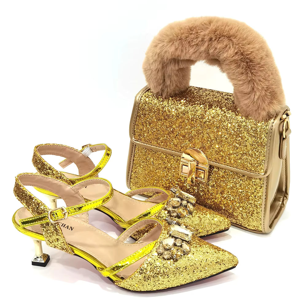 Women's Italian Fashion Peep Toe Pump Shoes with Matching Bag Set for Wedding