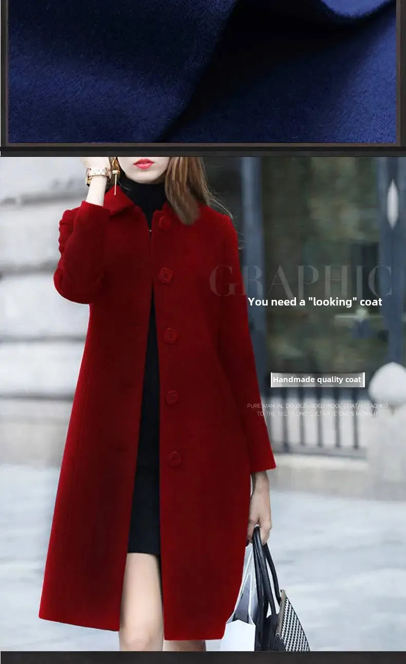 Women's Medium-Length Slimming Woolen Overcoat Autumn Winter plus Sizes Smooth Silhouette Single Breasted Button Closure