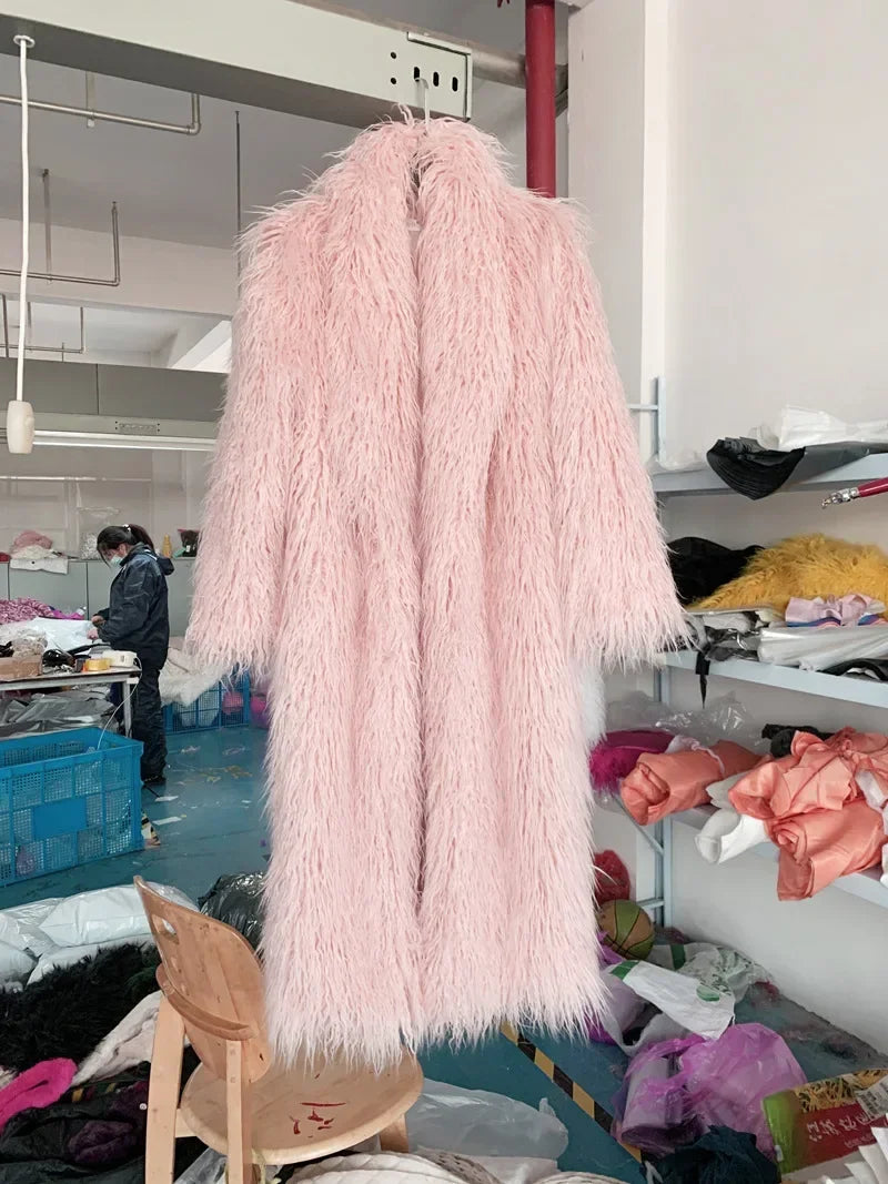 Faux Fur Jacket Women Long Coat Thick Fluffy Winter Warm Shaggy Overcoat Open Stitch Outerwear Turn Down Collar High Street