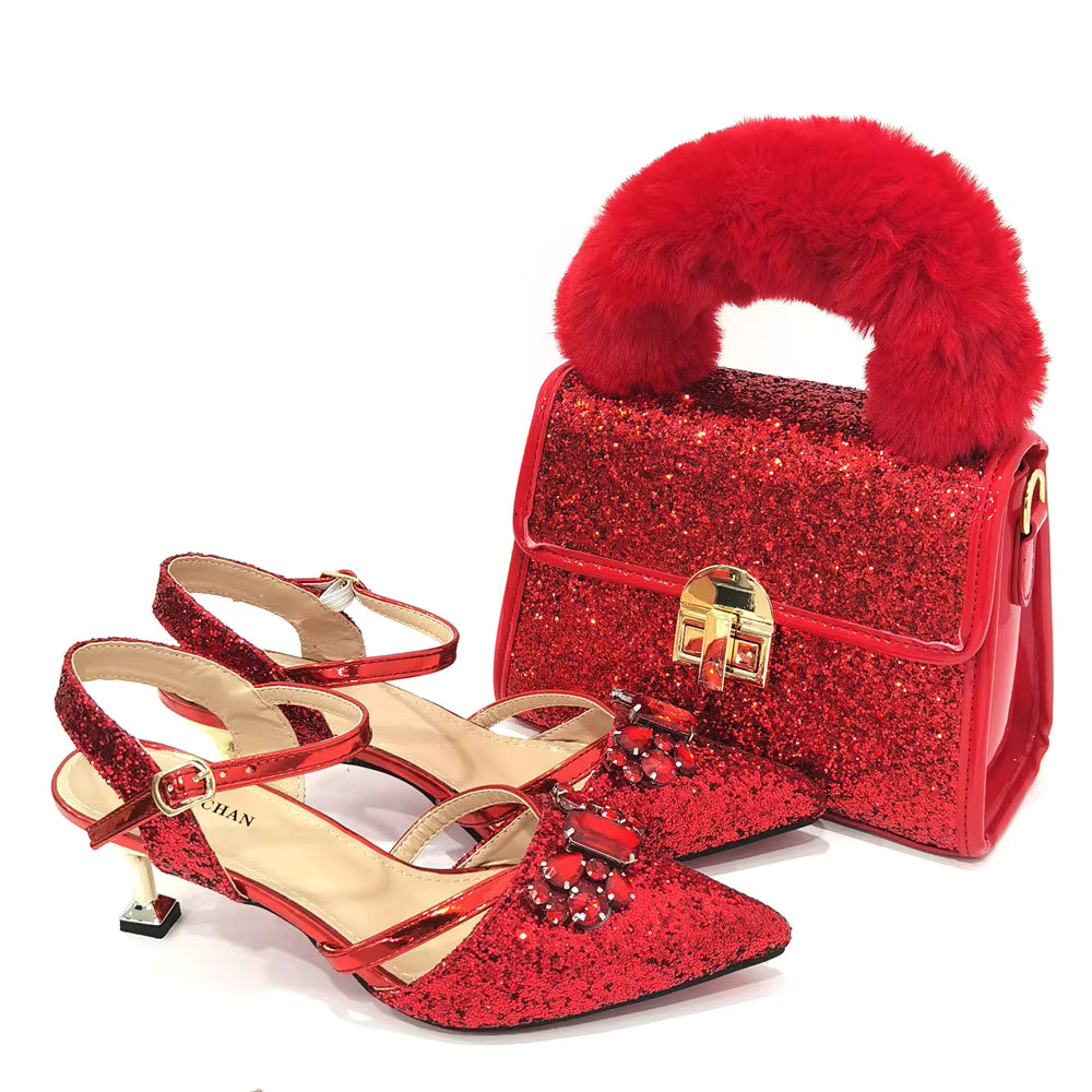 Women's Italian Fashion Peep Toe Pump Shoes with Matching Bag Set for Wedding
