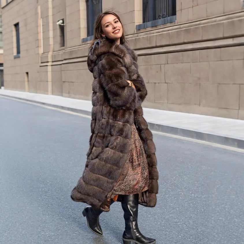 Vintage Brown Women's Winter Faux Fur Jacket Hooded Warm Thickened Fur Trim Outwear Chic Lady Eco-Friendly Coat