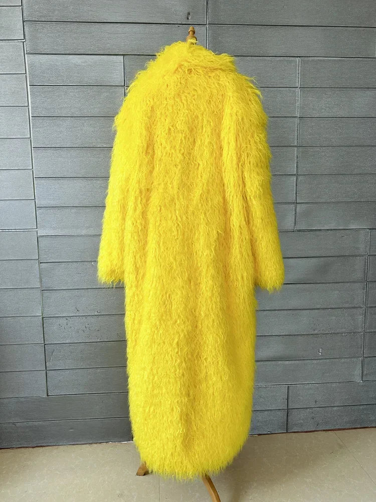 Faux Fur Jacket Women Long Coat Thick Fluffy Winter Warm Shaggy Overcoat Open Stitch Outerwear Turn Down Collar High Street