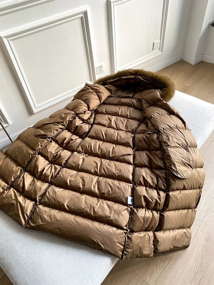 Winter Women's Ultra Light Warm Faux Fur Parka with Hooded Long Duck down Jacket White with Fur Collar Casual Snow Coat