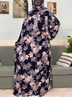 Women's Traditional Floral Ramadan Muslim Cotton Abayas Garment with attached Headscarf