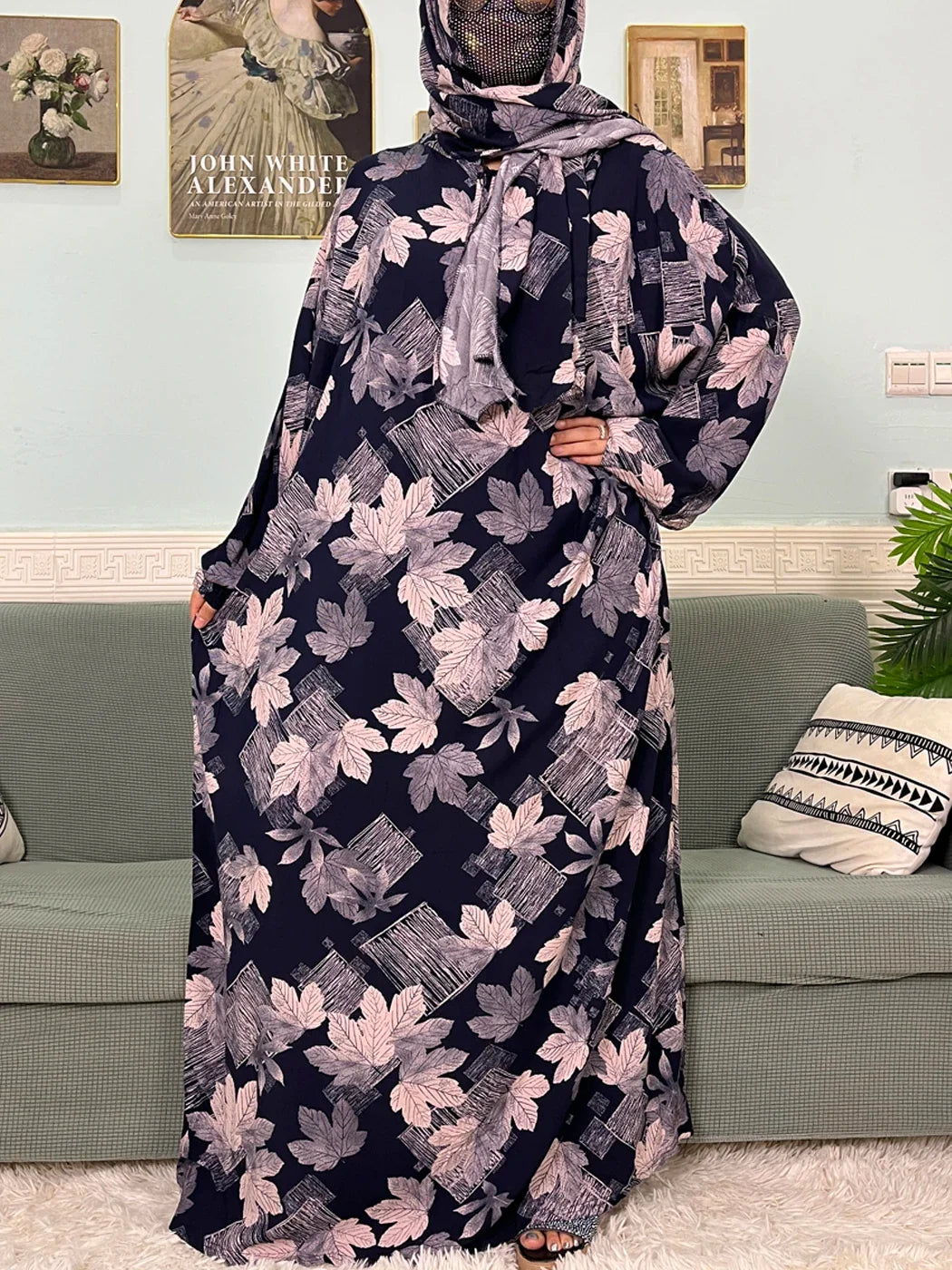 Women's Traditional Floral Ramadan Muslim Cotton Abayas Garment with attached Headscarf