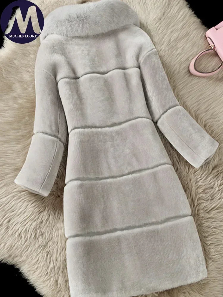 Women's Elegant Imitation Faux Fur Collar Warm Coat Fashion Plush V-Neck Button Detail