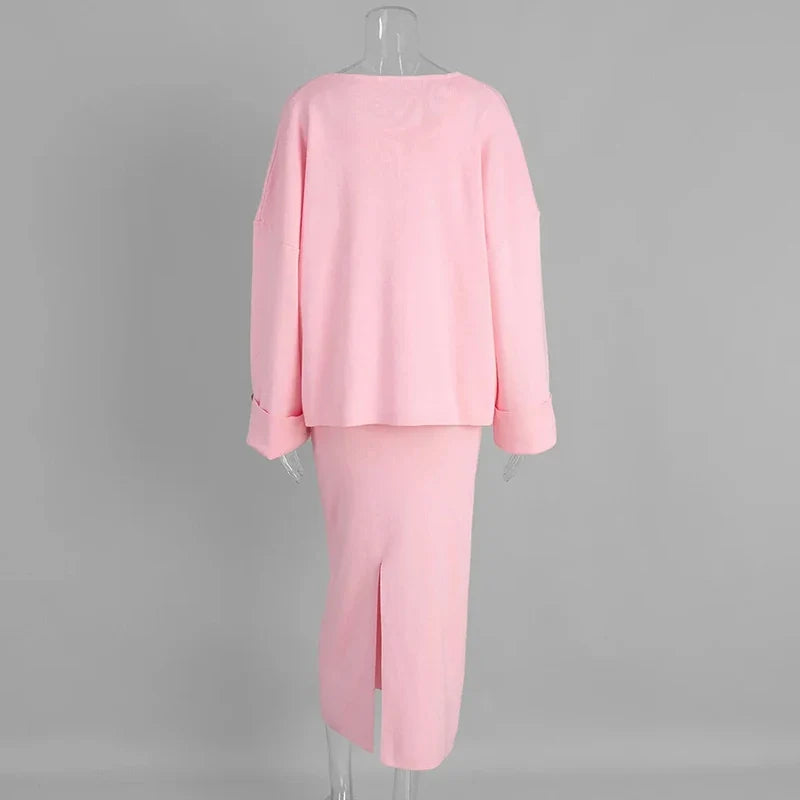 Women's Fashion Three Piece Set Solid Knitted Vest Long Sleeve Single Breasted Coat Chic Maxi Skirt Outfit Winter Casual Dress