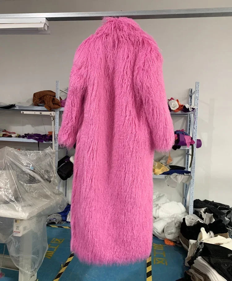 Faux Fur Jacket Women Long Coat Thick Fluffy Winter Warm Shaggy Overcoat Open Stitch Outerwear Turn Down Collar High Street