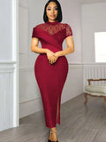 Black Long Prom Dresses High Neck Lace Patchwork Bodycon Women Evening Cocktail